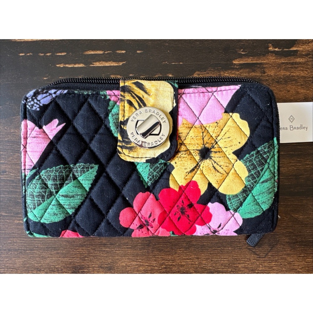 Vera Bradley Turn Lock Wallet Havana Rose Zip Around Bifold  RFID New W/Tags